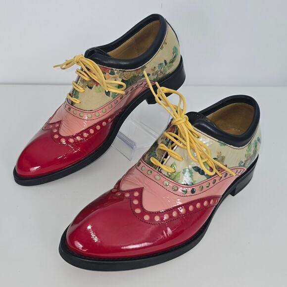 John Fluevog Domitian Sea Angel Brogue Oxford White Floral Red Patent 6.5 w/Box - Picture 6 of 12